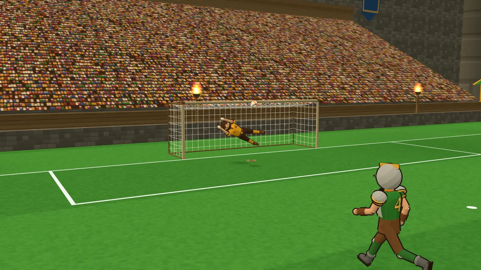 Goleiro dos Grifos, de amarelo, voando no ângulo para alcançar a bola, com um zagueiro de elmo correndo em primeiro plano.